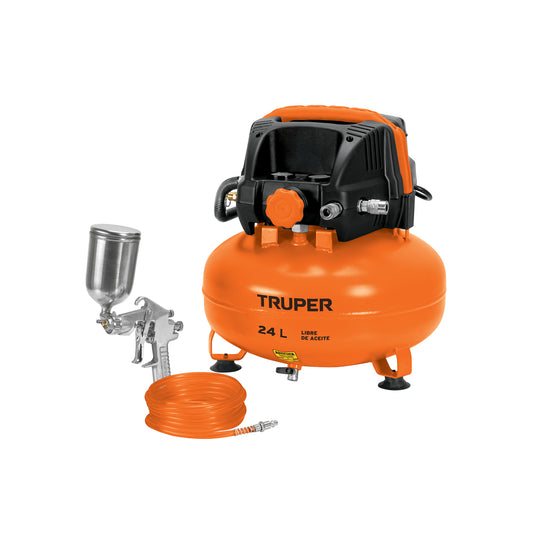 COMP-KIT24S Kit compresor libre de aceite 24L, manguera y pistola,TRUPER