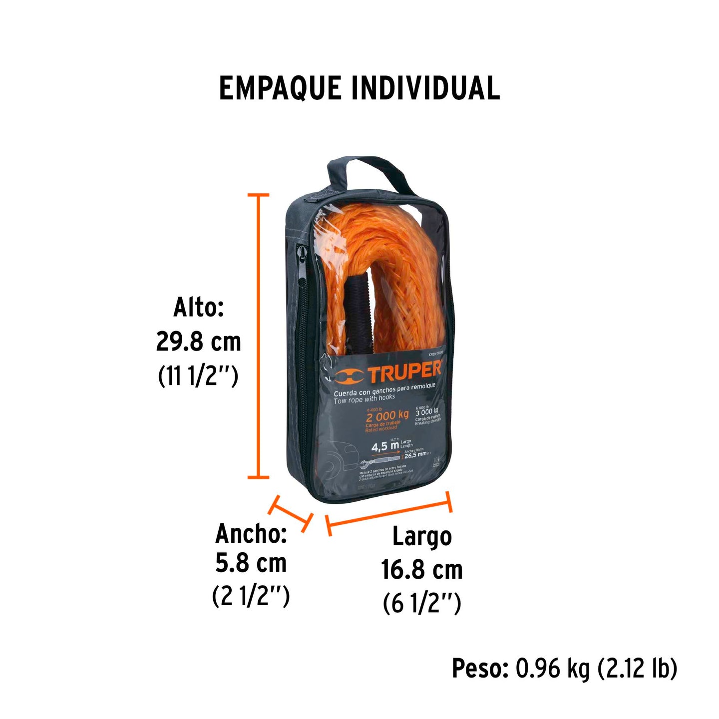 CREM-7/8X45 Cuerda con ganchos para remolque, 27 mm x 4.5 m, Truper