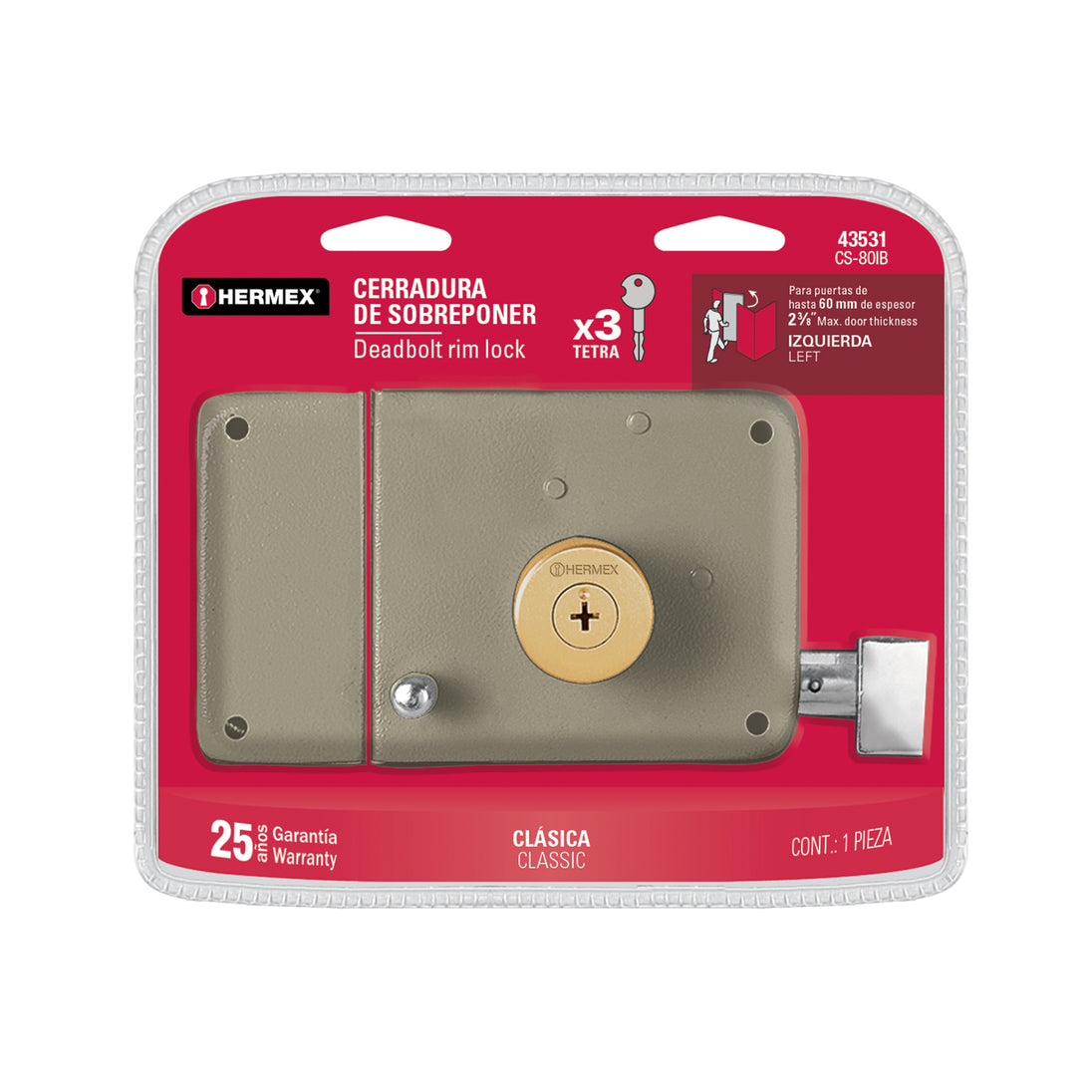 CS-80DB Cerradura sobreponer derecha clásica, llave tetra, blíster