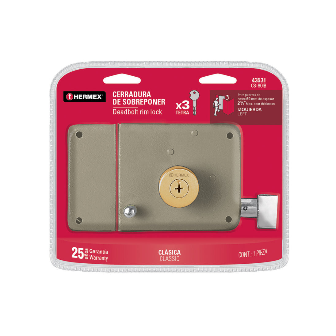 CS-80IB Cerradura sobreponer izquierda clásica, llave tetra, blíster