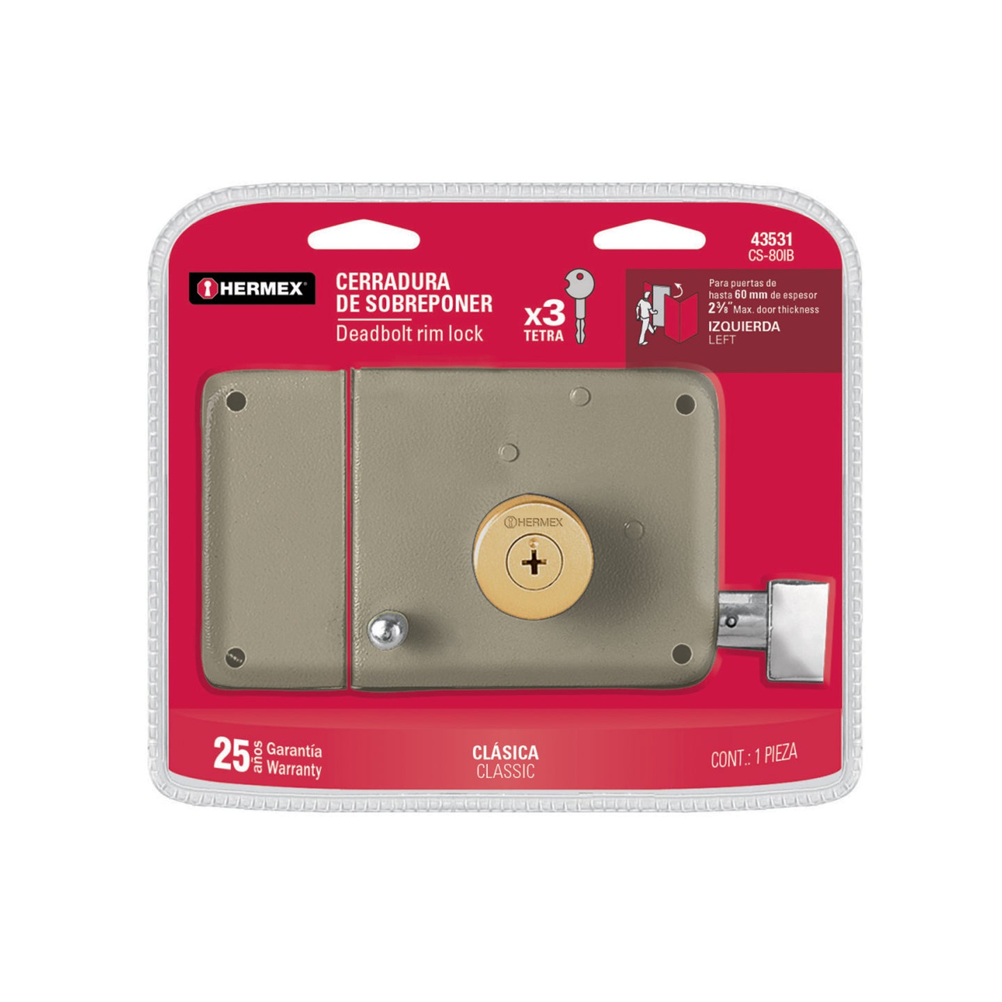 CS-80IB Cerradura sobreponer izquierda clásica, llave tetra, blíster