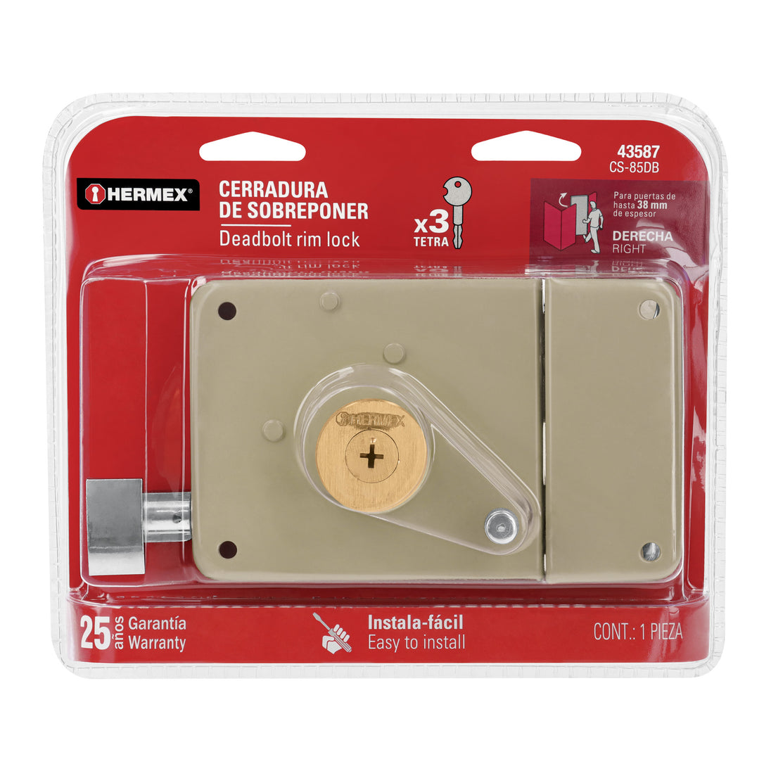 CS-85DB Cerradura sobreponer der instala-fácil, llave tetra, blíster