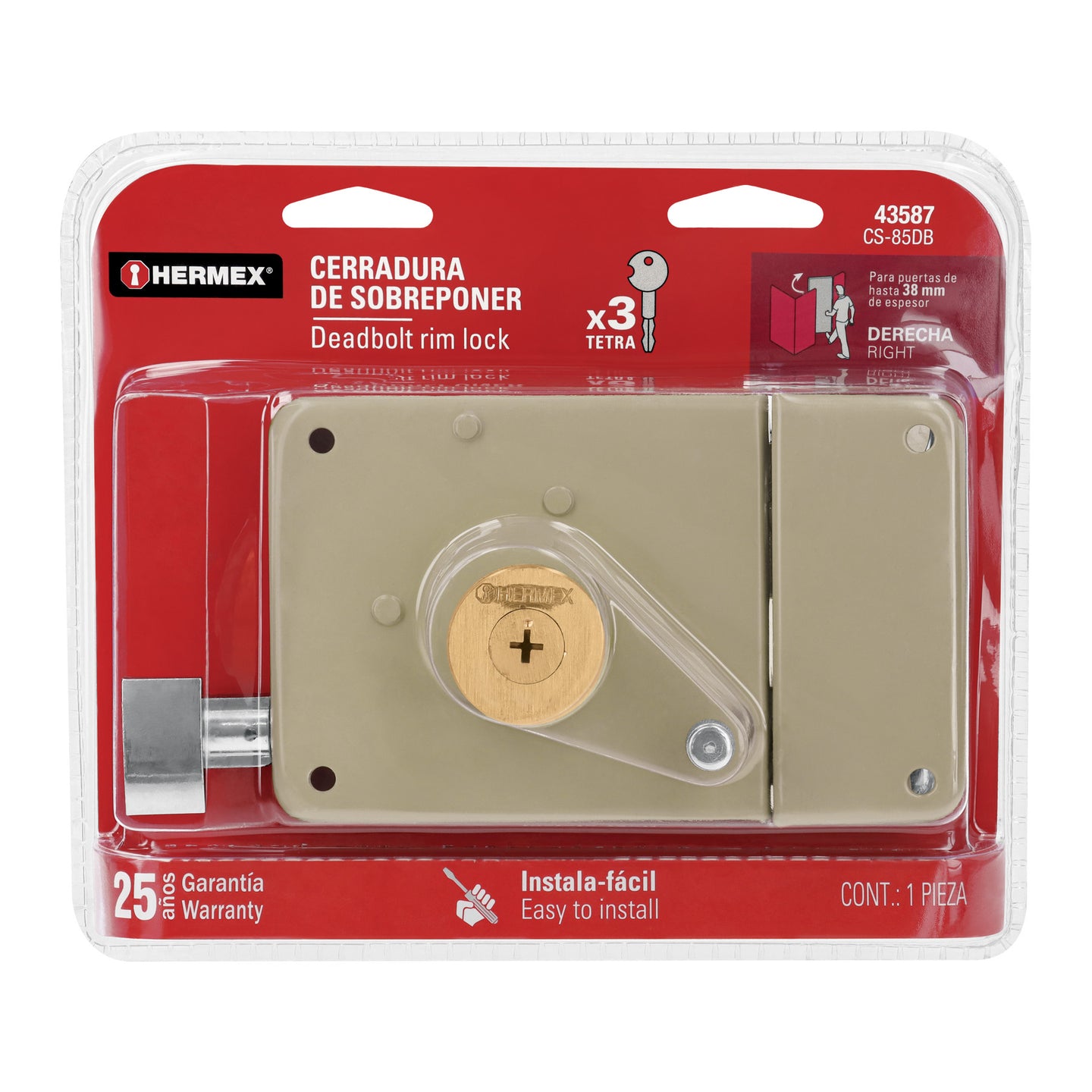 CS-85DB Cerradura sobreponer der instala-fácil, llave tetra, blíster