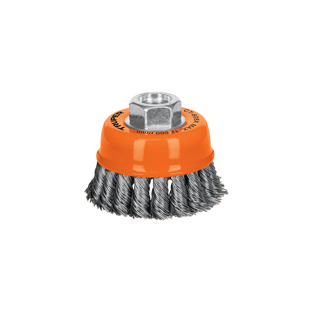 CT-608X Carda copa 3" alambre trenzado grueso, eje 5/8"-11, Truper