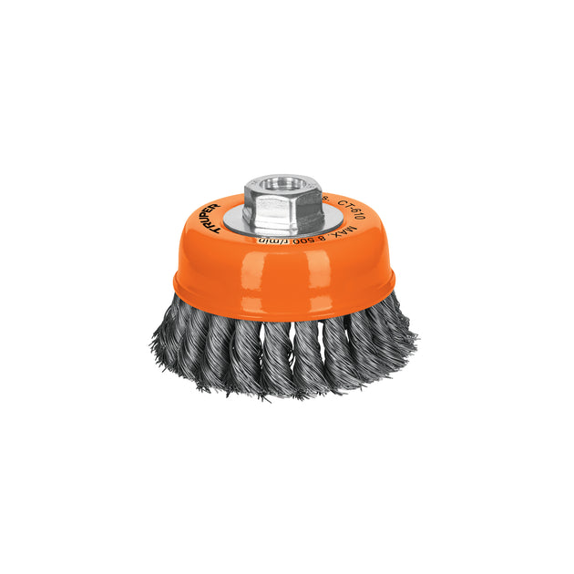 CT-610 Carda copa 4" alambre trenzado fino, eje 5/8"-11, Truper