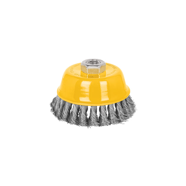 CT-610P Carda copa 4" alambre trenzado fino, eje 5/8"-11, Pretul