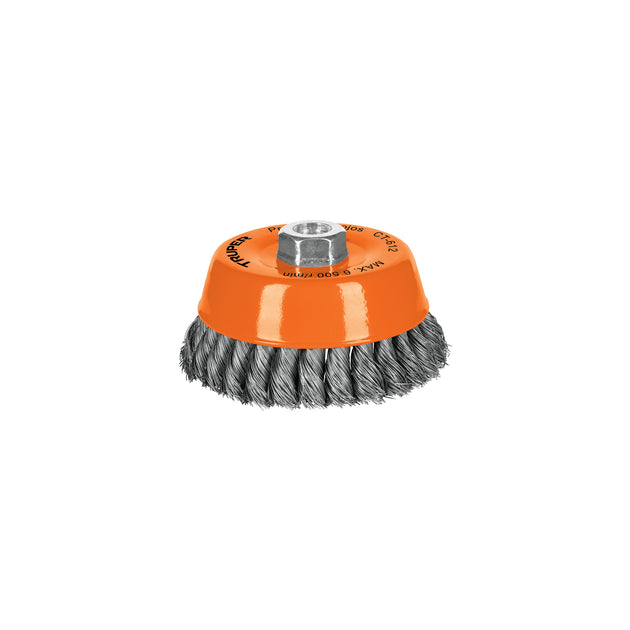 CT-612 Carda copa 5" alambre trenzado fino, eje 5/8"-11, Truper