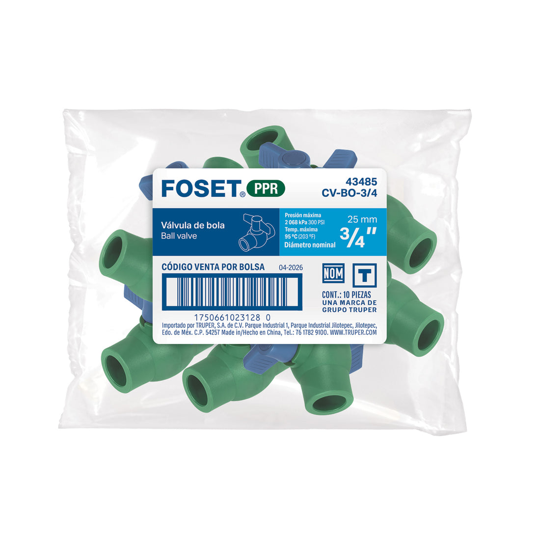 Válvula de Bola Foset CV-BO-3/4 3/4" PP 345 PSI 95°C