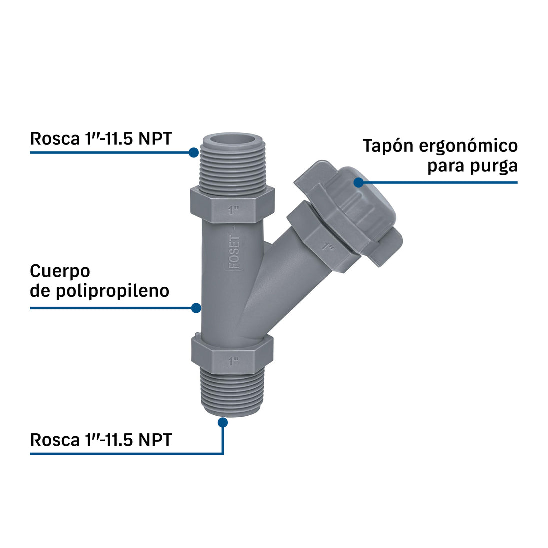 Conector Yee Foset CYE-1, 1" NPT, Polipropileno