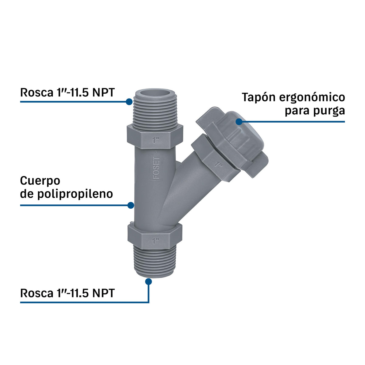 Conector Yee Foset CYE-1, 1" NPT, Polipropileno
