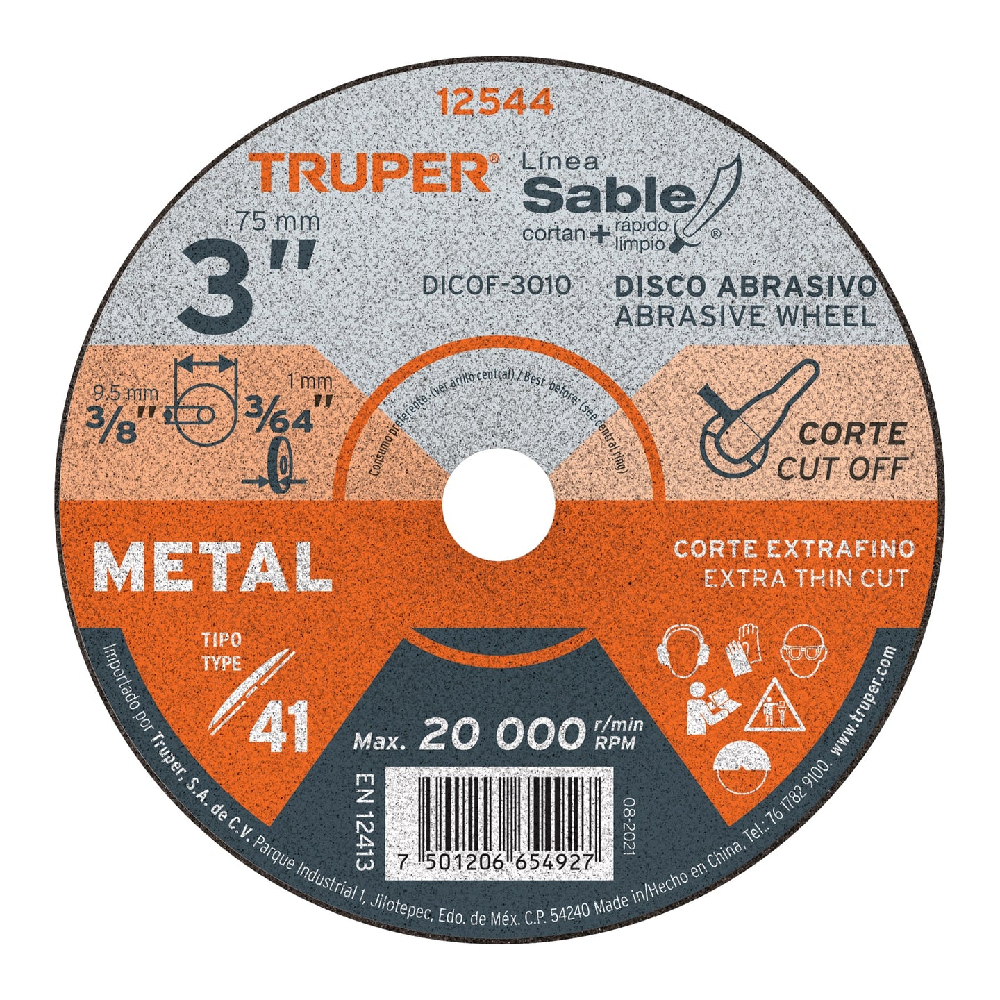 DICOF-3010 Disco Tipo 41 de 3" x 1 mm corte fino de metal, Sable
