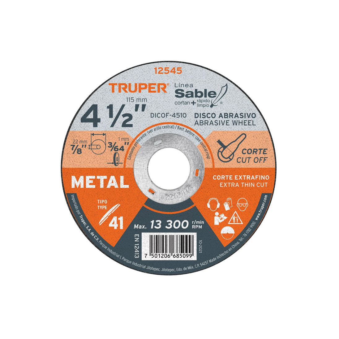 DICOF-4510 Disco Tipo 41 de 4-1/2" x 1 mm corte fino de metal, Sable