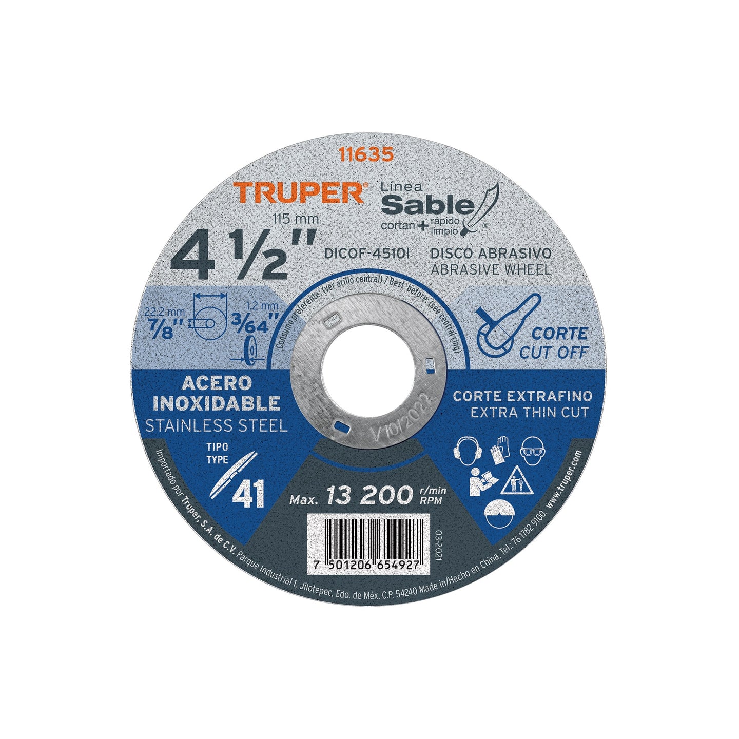 DICOF-4510I Disco Tipo 41 de 4-1/2" x 1 mm corte fino acero inox, Sable