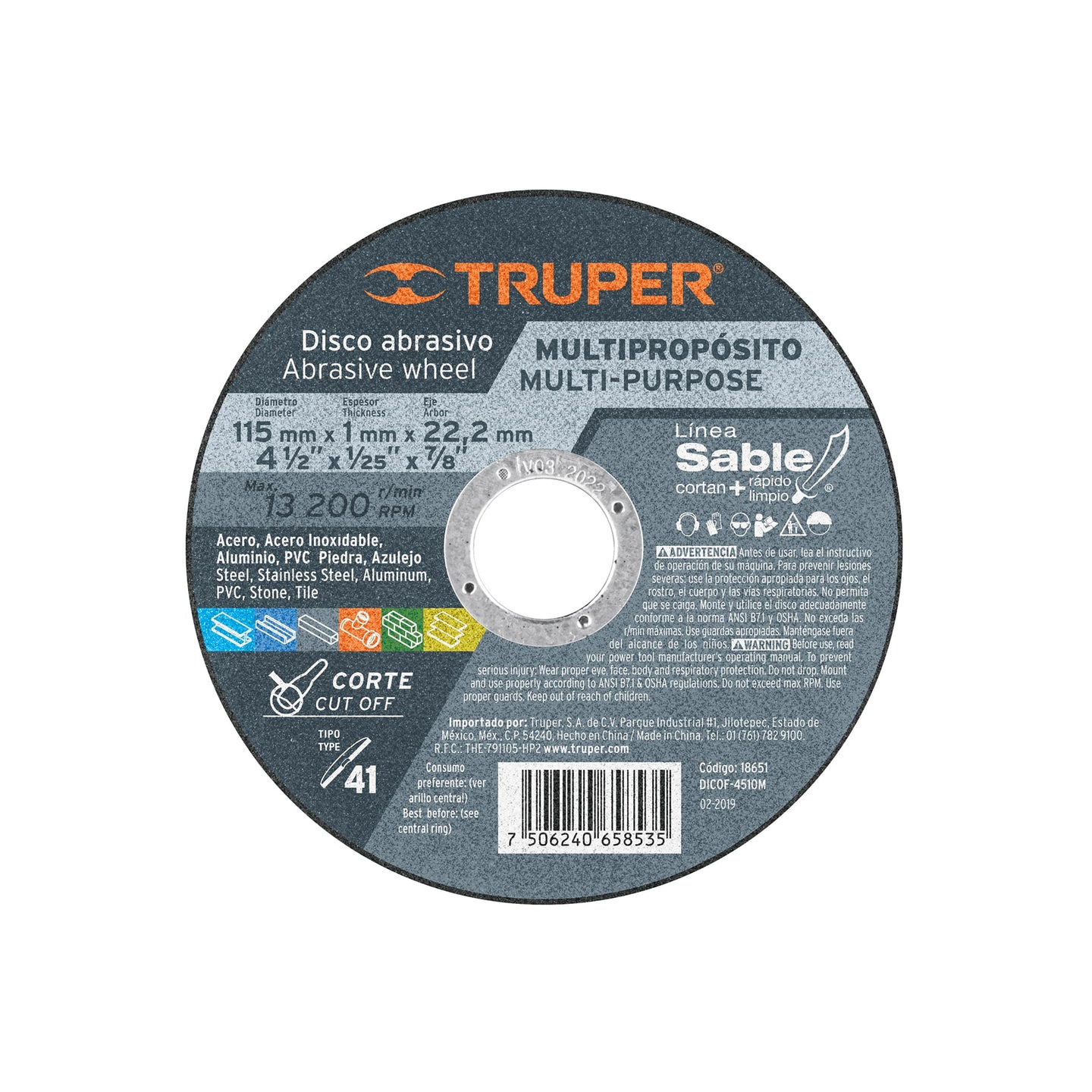 DICOF- 4510M Disco Tipo 41 de 4-1/2" x 1 mm corte multimaterial, Sable