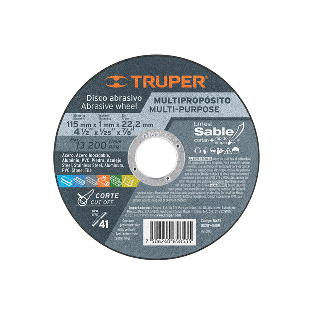 DICOF- 4510M Disco Tipo 41 de 4-1/2" x 1 mm corte multimaterial, Sable