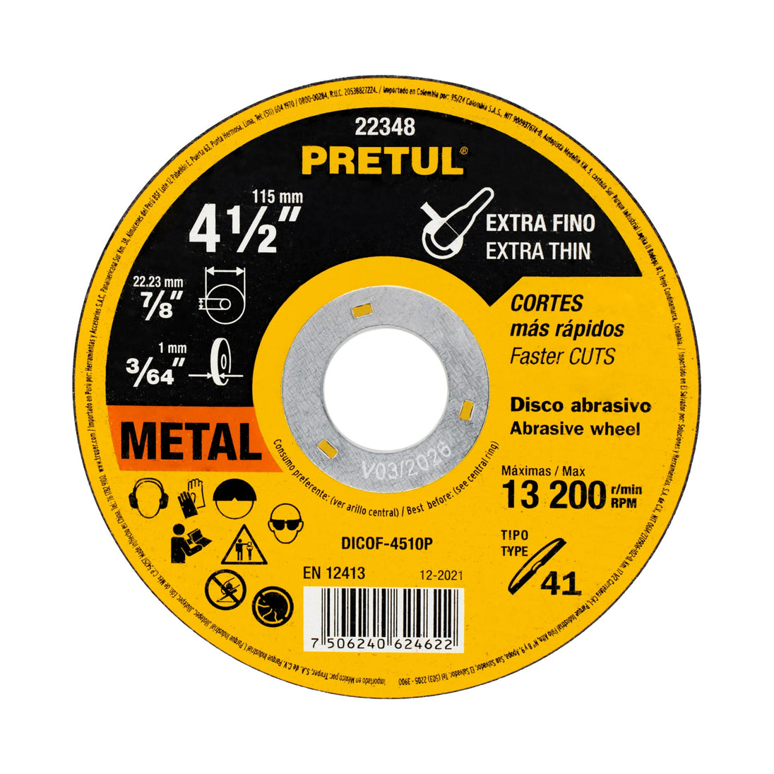 DICOF-4510P Disco Tipo 41 de 4-1/2" x 1 mm corte fino de metal, PRETUL