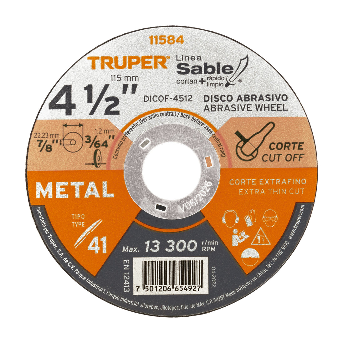 DICOF-4512 Disco Tipo 41 de 4-1/2" x 1.2 mm corte fino de metal, Sable