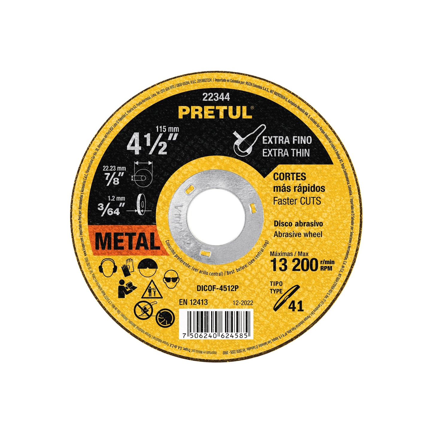 DICOF-4512P Disco Tipo 41 de 4-1/2" x 1.2 mm corte fino de metal, PRETUL