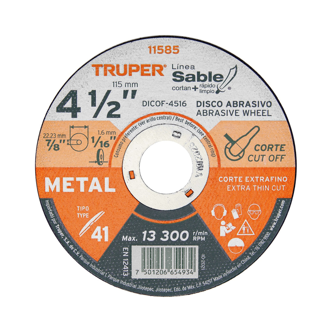 DICOF-4516 Disco Tipo 41 de 4-1/2" x 1.6 mm corte fino de metal, Sable