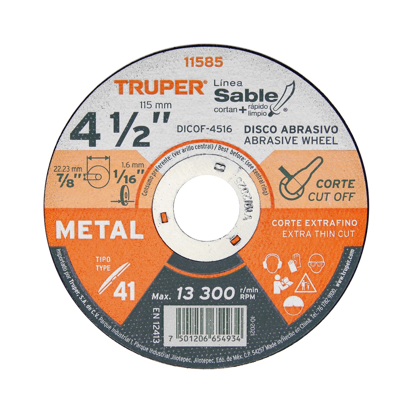 DICOF-4516 Disco Tipo 41 de 4-1/2" x 1.6 mm corte fino de metal, Sable