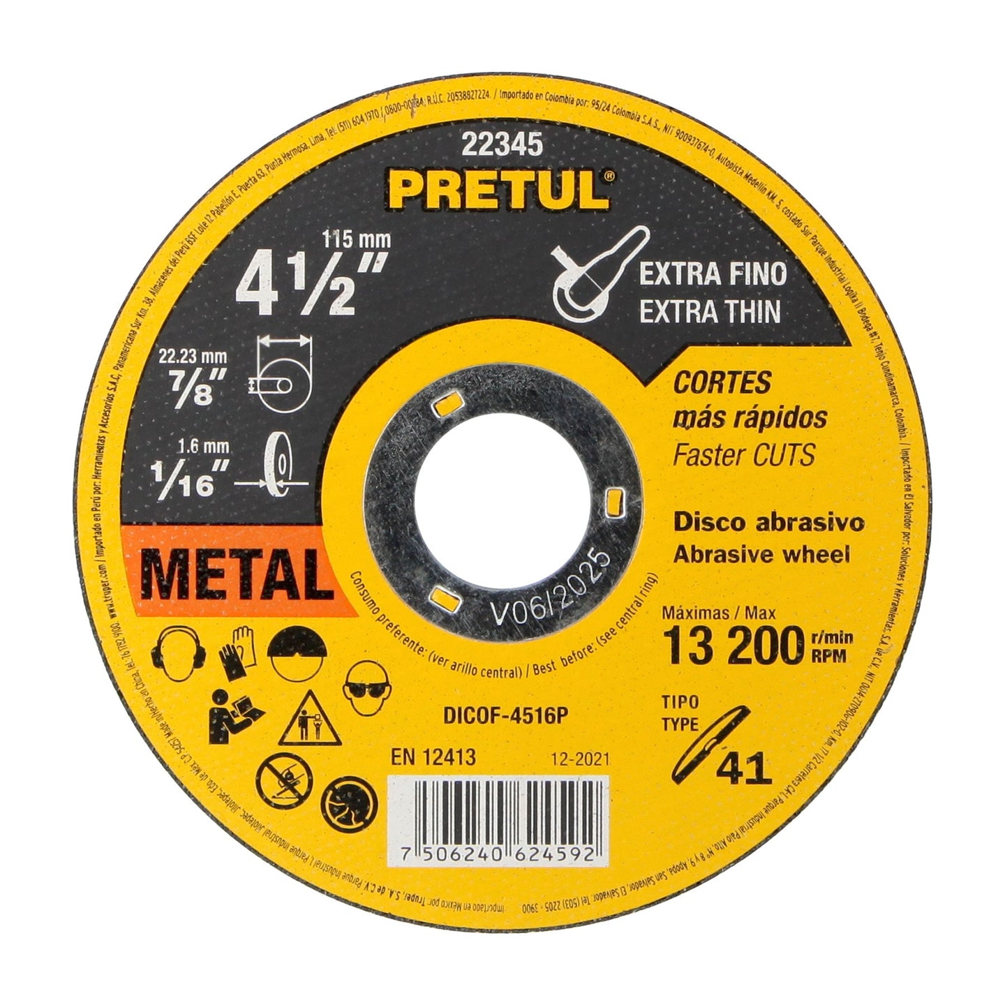 DICOF-4516P Disco Tipo 41 de 4-1/2" x 1.6 mm corte fino de metal, PRETUL