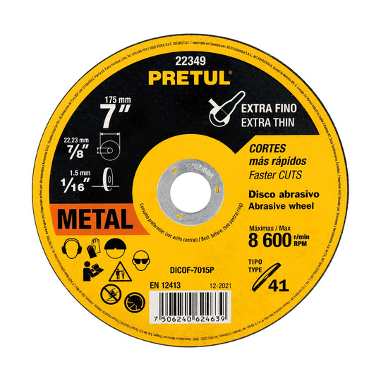 DICOF-7015P Disco Tipo 41 de 7" x 1.5 mm corte fino de metal, PRETUL
