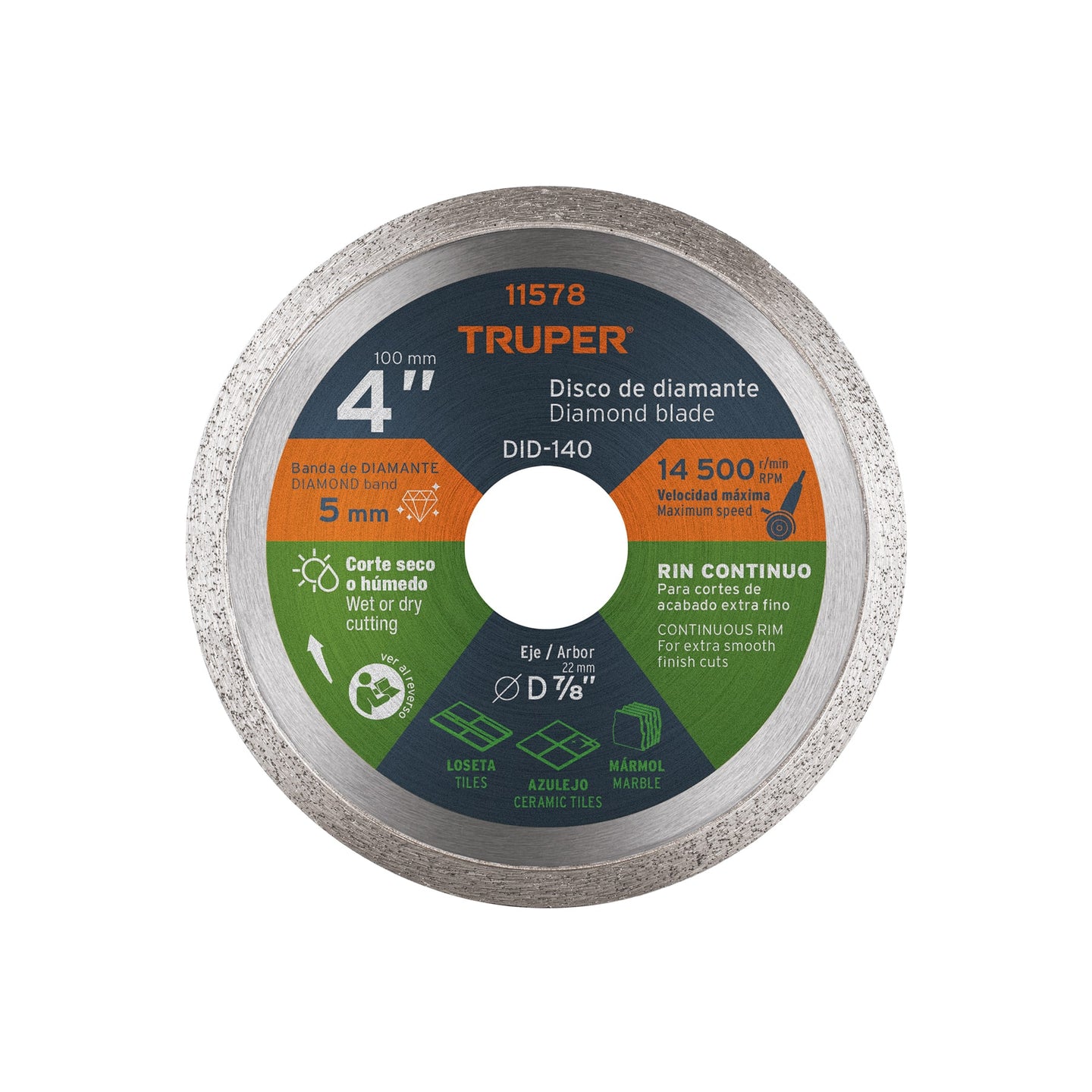DID-140 Disco de diamante de 4" x 1.6 mm, rin continuo, TRUPER