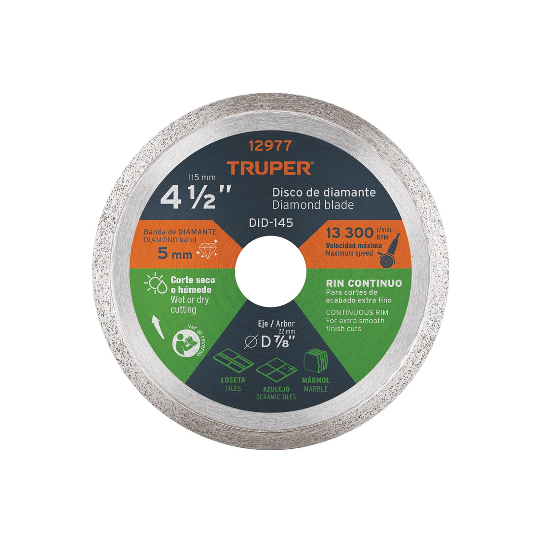 DID-145 Disco de diamante de 4-1/2" x 1.6 mm, rin continuo, TRUPER