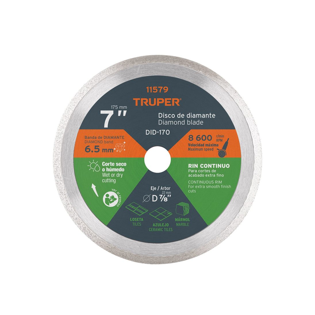 DID-170 Disco de diamante de 7" x 2.2 mm, rin continuo, TRUPER