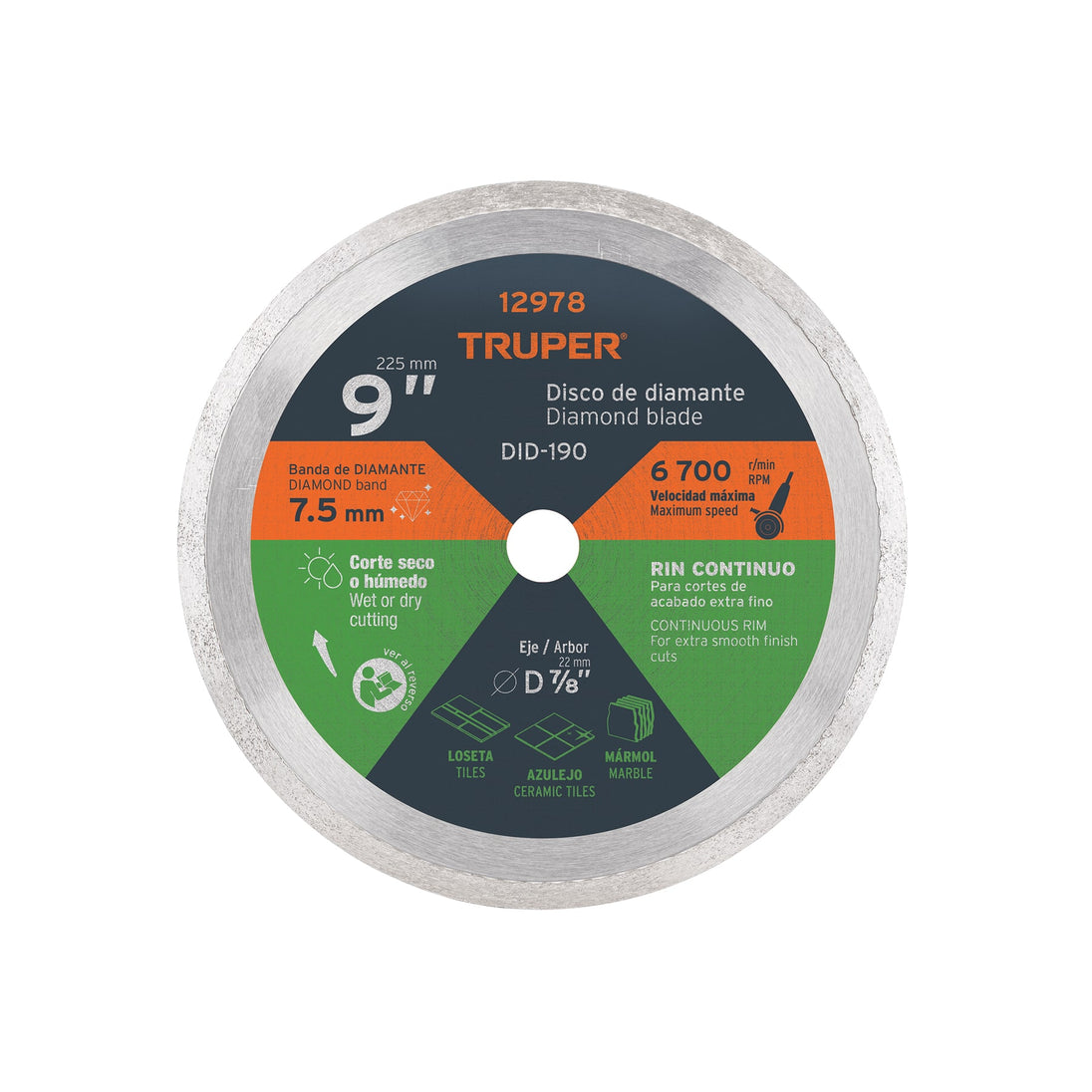 DID-190 Disco de diamante de 9" x 2.2 mm, rin continuo, TRUPER