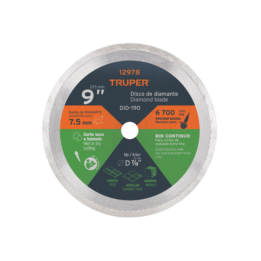 DID-190 Disco de diamante de 9" x 2.2 mm, rin continuo, TRUPER