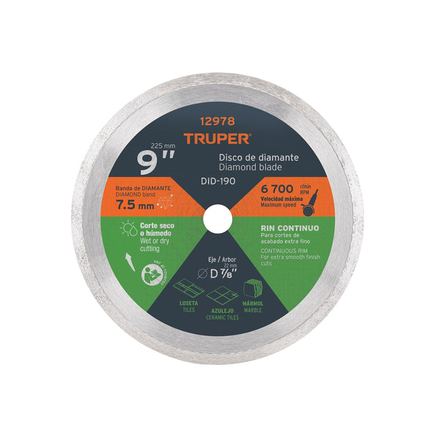 DID-190 Disco de diamante de 9" x 2.2 mm, rin continuo, TRUPER