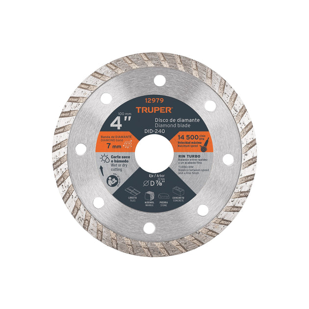 DID-240 Disco de diamante de 4" x 2.2 mm, rin turbo, TRUPER