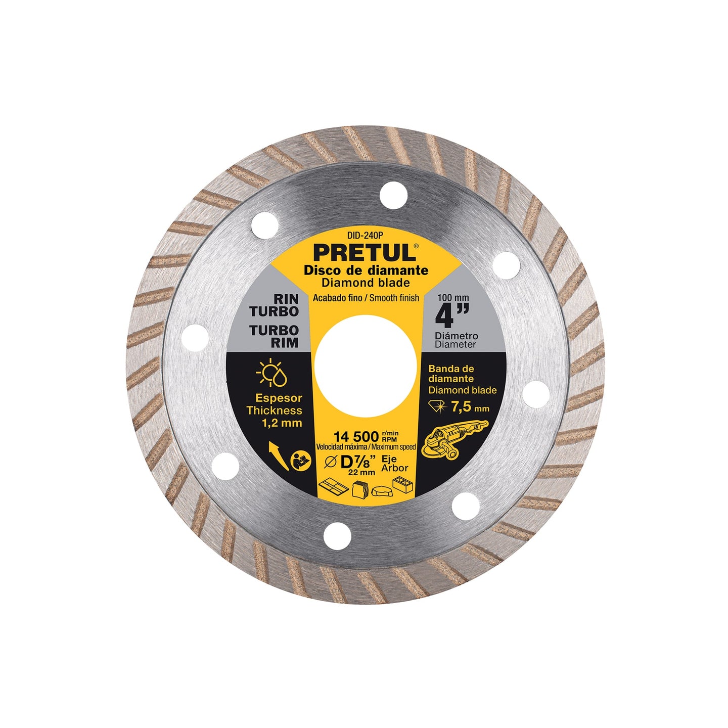 DID-240P Disco de diamante de 4" x 1.2 mm, rin turbo, PRETUL