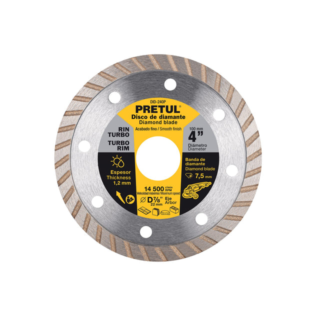 DID-240P Disco de diamante de 4" x 1.2 mm, rin turbo, PRETUL