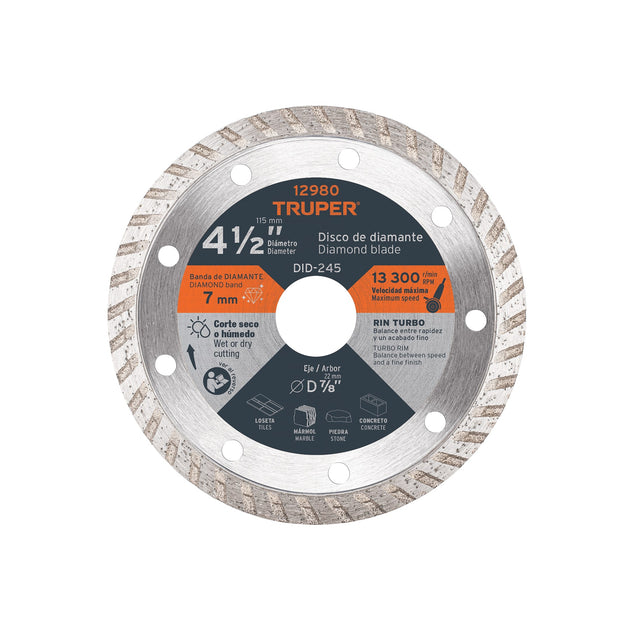 DID-245 Disco de diamante de 4-1/2" x 2.2 mm, rin turbo, TRUPER