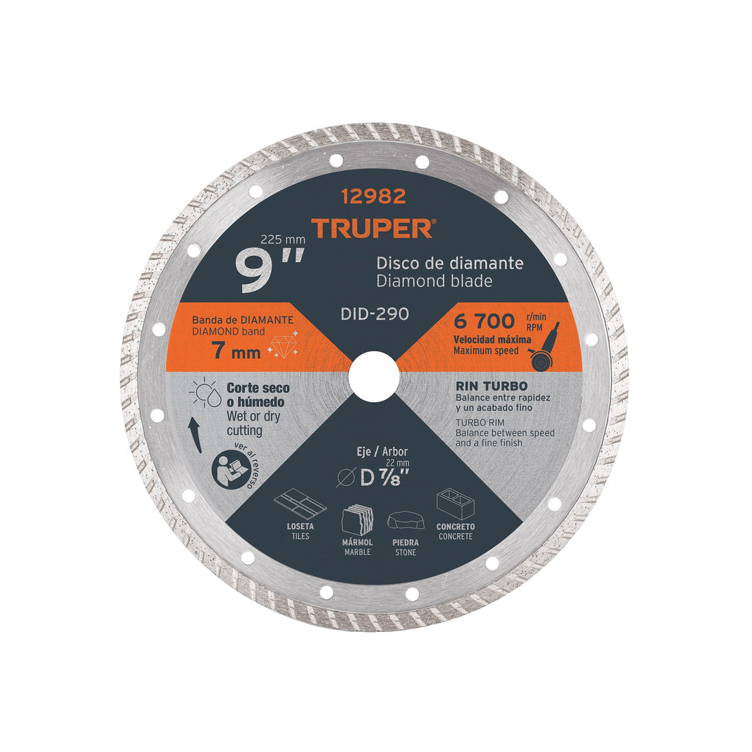 DID-290 Disco de diamante de 9" x 3 mm, rin turbo, TRUPER