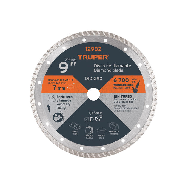 DID-290 Disco de diamante de 9" x 3 mm, rin turbo, TRUPER