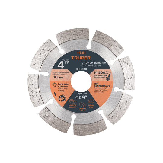 DID-340 Disco de diamante de 4" x 2.1 mm, rin segmentado, TRUPER