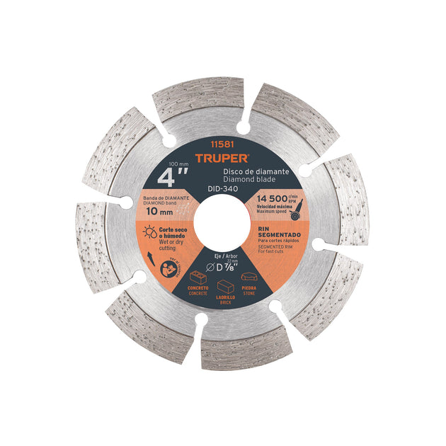 DID-340 Disco de diamante de 4" x 2.1 mm, rin segmentado, TRUPER