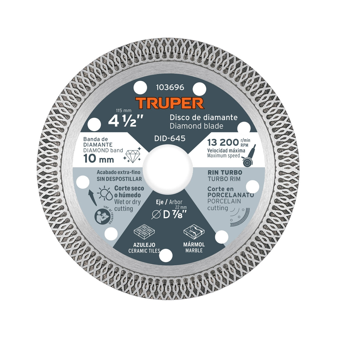 DID-645 Disco de diamante 4 1/2", corte porcelanato, TRUPER