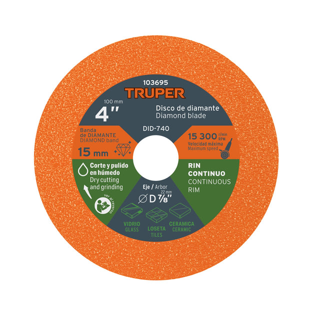 DID-740 Disco de diamante 4", corte de vidrio, TRUPER
