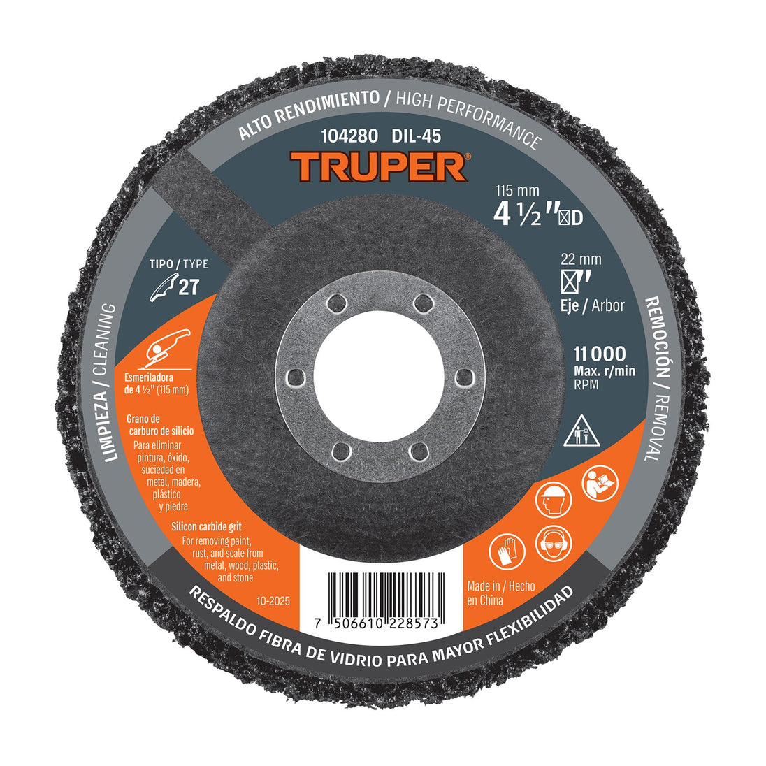 Disco Limpieza Truper DIL-45 4-1/2" 11000 RPM Grano Grueso