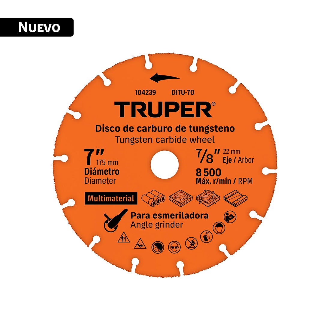 Disco Corte Truper DITU-70 7" Carburo Tungsteno Madera Metal | 8500 RPM