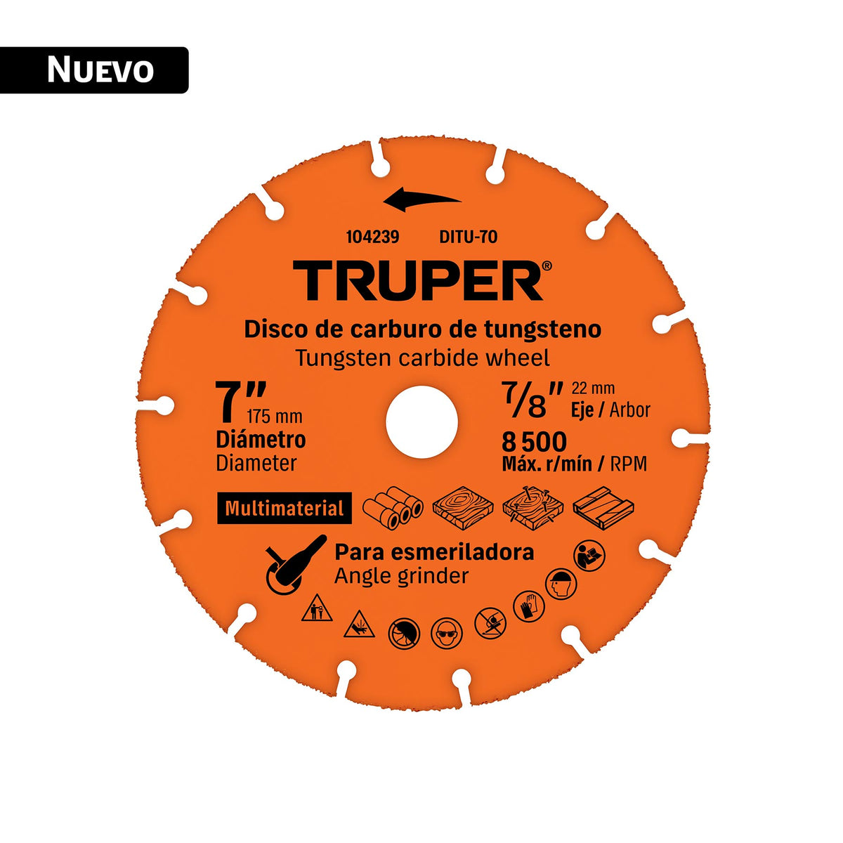 Disco Corte Truper DITU-70 7" Carburo Tungsteno Madera Metal | 8500 RPM