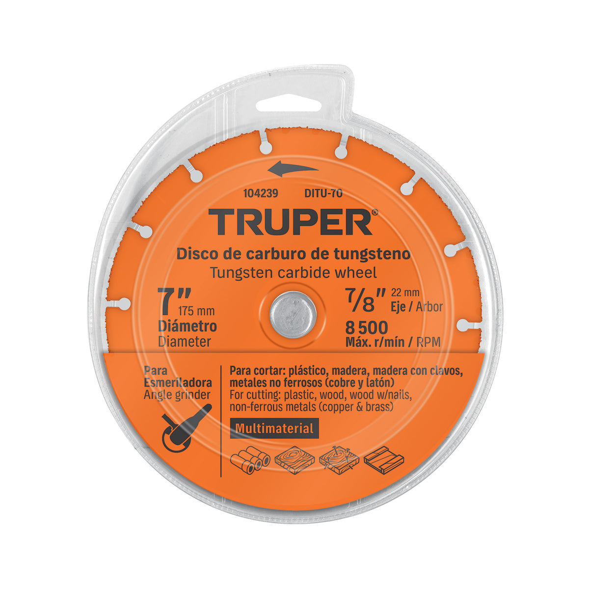 Disco Corte Truper DITU-70 7" Carburo Tungsteno Madera Metal | 8500 RPM