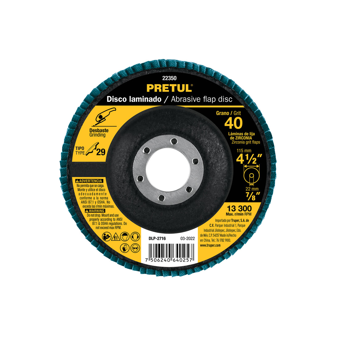 DLP-2716 Disco laminado 4-1/2", grano 40 centro 7/8", fibra, PRETUL