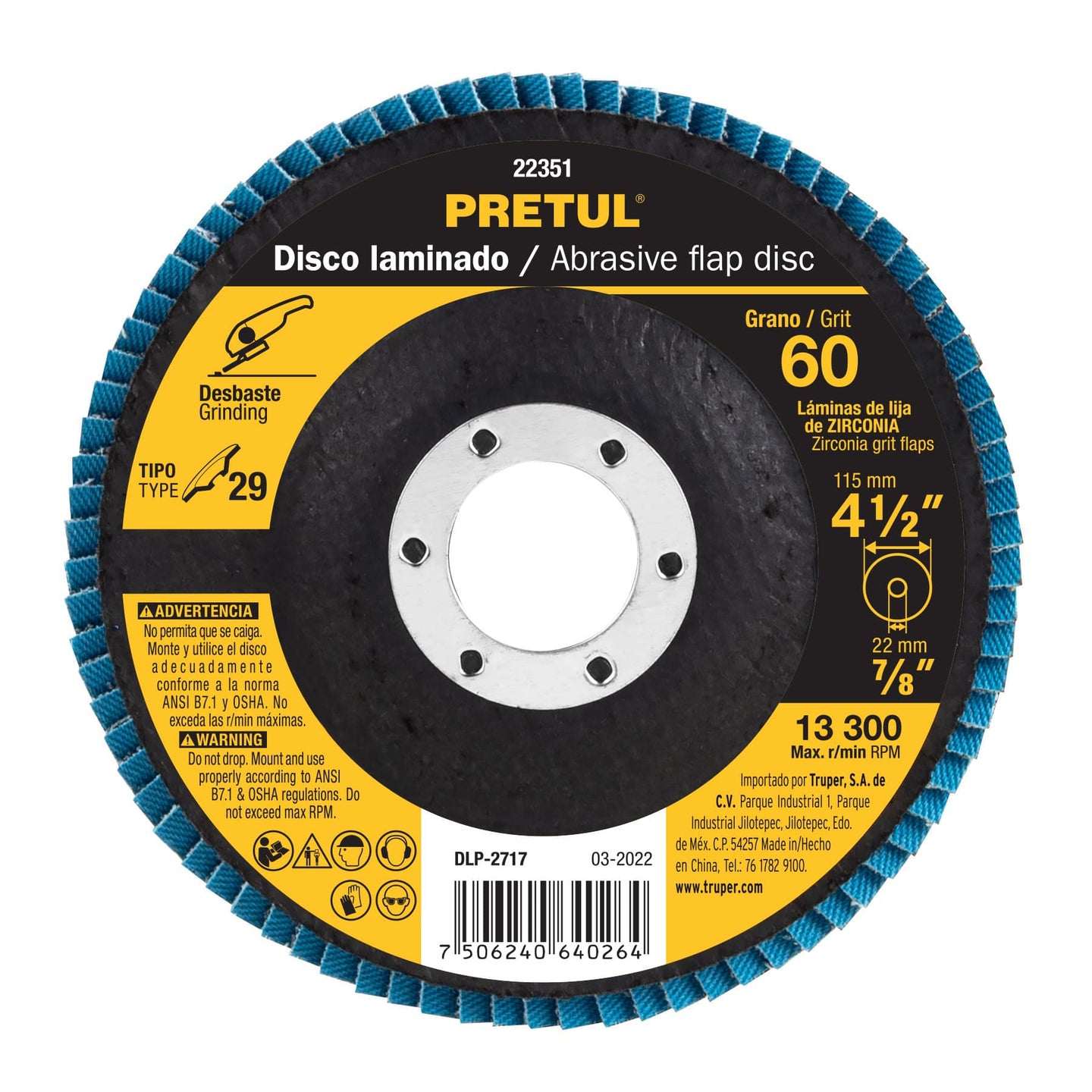 DLP-2717 Disco laminado 4-1/2", grano 60 centro 7/8", fibra, PRETUL
