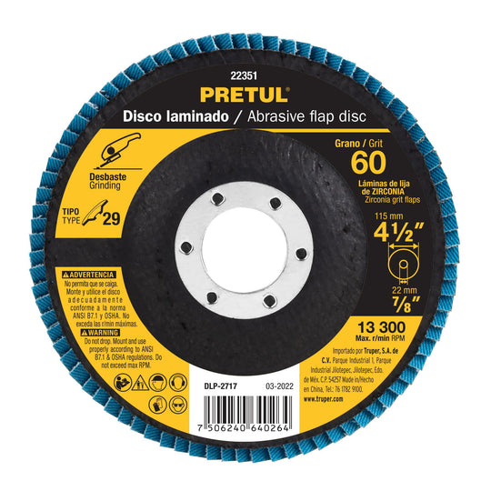 DLP-2717 Disco laminado 4-1/2", grano 60 centro 7/8", fibra, PRETUL
