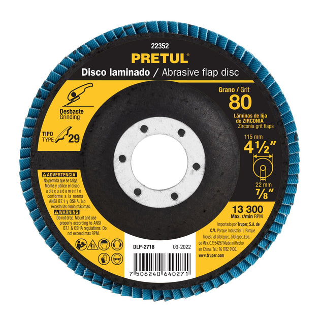 DLP-2718 Disco laminado 4-1/2", grano 80 centro 7/8", fibra, PRETUL